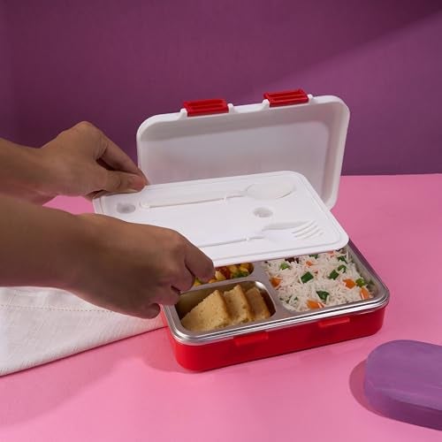 Nayasa Vitamax 3 Compartment Stainless Steel Insulated Lunch Box for Kids Girls | London City Tour Print | Leak Proof Tiffin Box | 750 ml | Red - Image 5