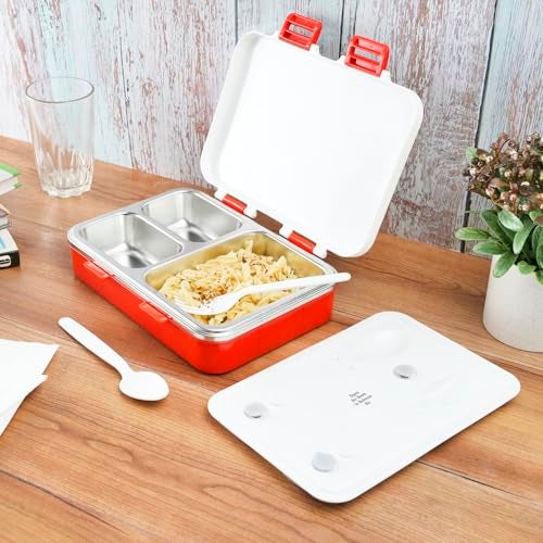 Nayasa Vitamax 3 Compartment Stainless Steel Insulated Lunch Box for Kids Girls | London City Tour Print | Leak Proof Tiffin Box | 750 ml | Red - Image 4