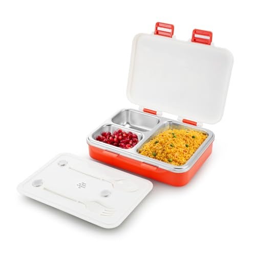 Nayasa Vitamax 3 Compartment Stainless Steel Insulated Lunch Box for Kids Girls | London City Tour Print | Leak Proof Tiffin Box | 750 ml | Red - Image 1