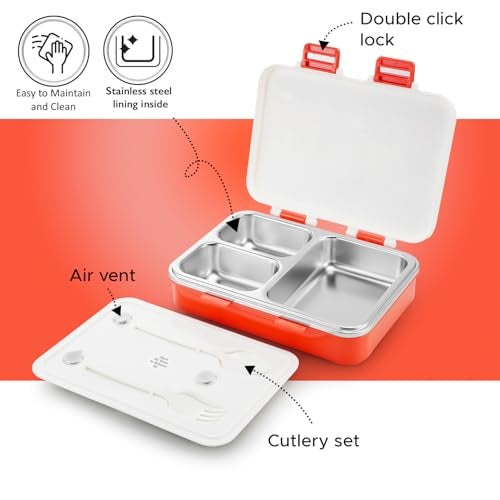 Nayasa Vitamax 3 Compartment Stainless Steel Insulated Lunch Box for Kids Girls | London City Tour Print | Leak Proof Tiffin Box | 750 ml | Red - Image 3