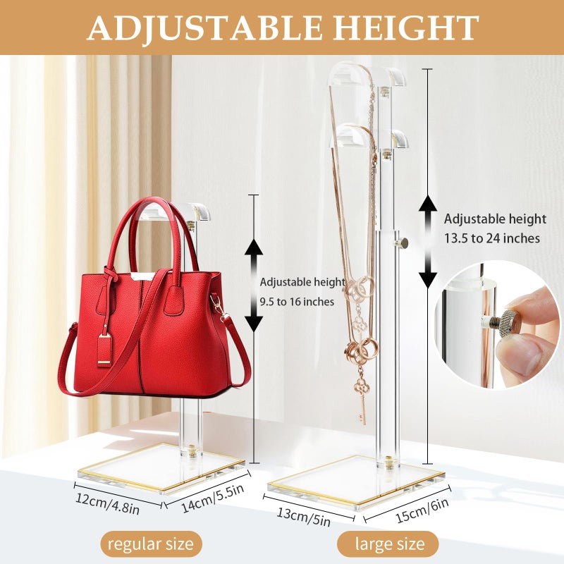 SHUNKAIZS 2Pcs Purse Display Stands, Height Adjustable10"-16"+14"-24", Acrylic Handbag Stands for Display, Clear Holder for Purse Evening Bag Clutch, Bag Table Rack, Purses Hanging Organizer for Closet Retail Vendor - Image 2