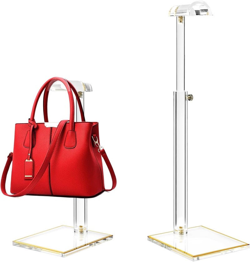 SHUNKAIZS 2Pcs Purse Display Stands, Height Adjustable10"-16"+14"-24", Acrylic Handbag Stands for Display, Clear Holder for Purse Evening Bag Clutch, Bag Table Rack, Purses Hanging Organizer for Closet Retail Vendor - Image 1