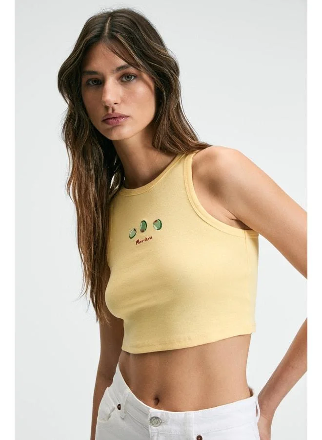 Ethiquet YUMENSA Women's Cycling Collar Sleeveless Yellow Tank Top with Front Embroidery.