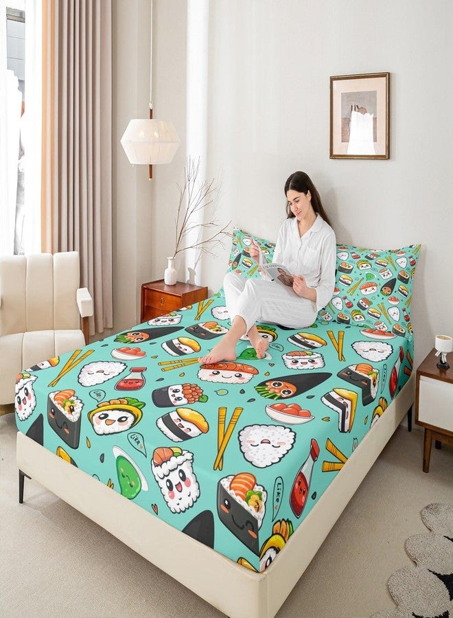 Homewish Cute Sushi Fitted Sheet Queen Size,Japanese Style Food Bed Sheet 3Pcs,Delicious Sushi Print Bedding Set for Kids Boys Girls Adult Room Decor Colorful Green Blue Deep Pocket Sheet,2 Pillowcases - Image 2