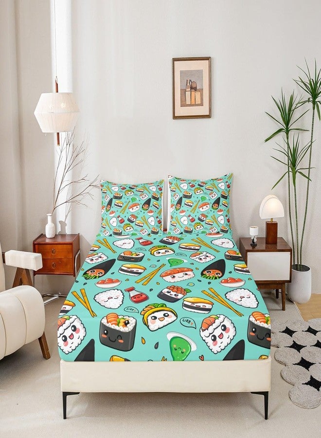 Homewish Cute Sushi Fitted Sheet Queen Size,Japanese Style Food Bed Sheet 3Pcs,Delicious Sushi Print Bedding Set for Kids Boys Girls Adult Room Decor Colorful Green Blue Deep Pocket Sheet,2 Pillowcases - Image 4