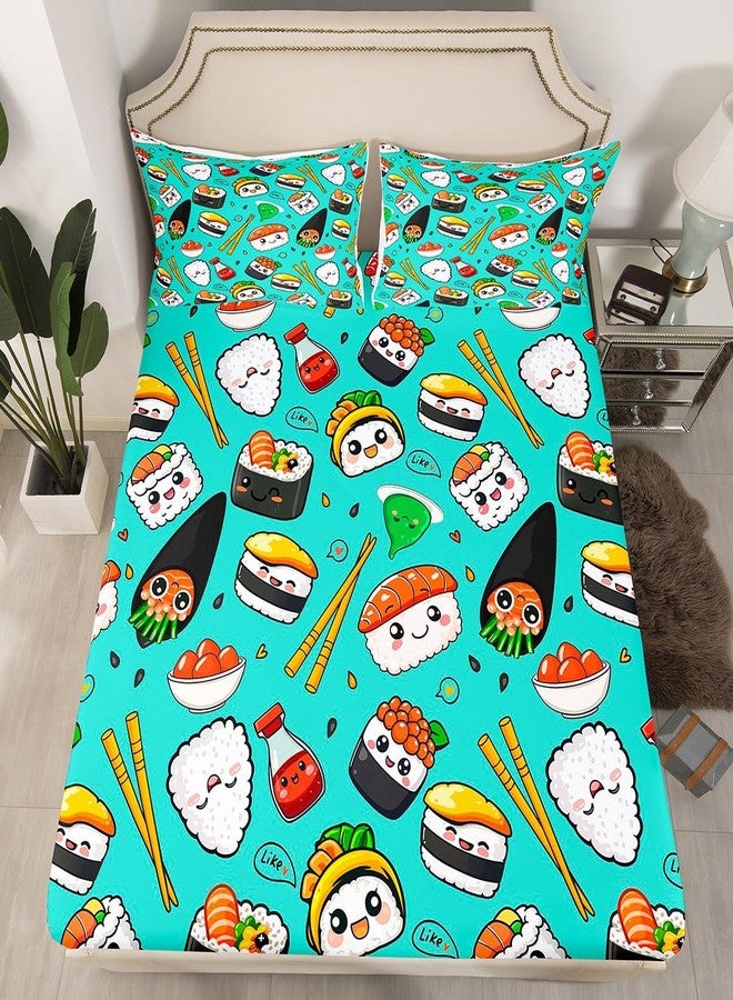 Homewish Cute Sushi Fitted Sheet Queen Size,Japanese Style Food Bed Sheet 3Pcs,Delicious Sushi Print Bedding Set for Kids Boys Girls Adult Room Decor Colorful Green Blue Deep Pocket Sheet,2 Pillowcases - Image 5