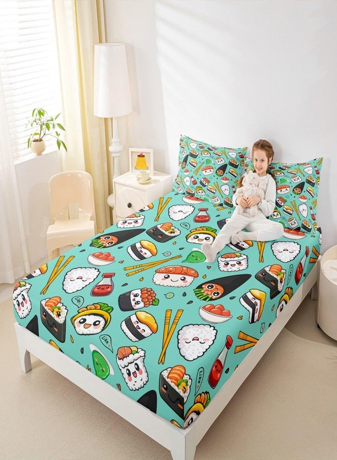Homewish Cute Sushi Fitted Sheet Queen Size,Japanese Style Food Bed Sheet 3Pcs,Delicious Sushi Print Bedding Set for Kids Boys Girls Adult Room Decor Colorful Green Blue Deep Pocket Sheet,2 Pillowcases - Image 3