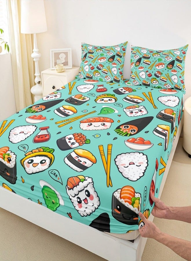 Homewish Cute Sushi Fitted Sheet Queen Size,Japanese Style Food Bed Sheet 3Pcs,Delicious Sushi Print Bedding Set for Kids Boys Girls Adult Room Decor Colorful Green Blue Deep Pocket Sheet,2 Pillowcases - Image 1