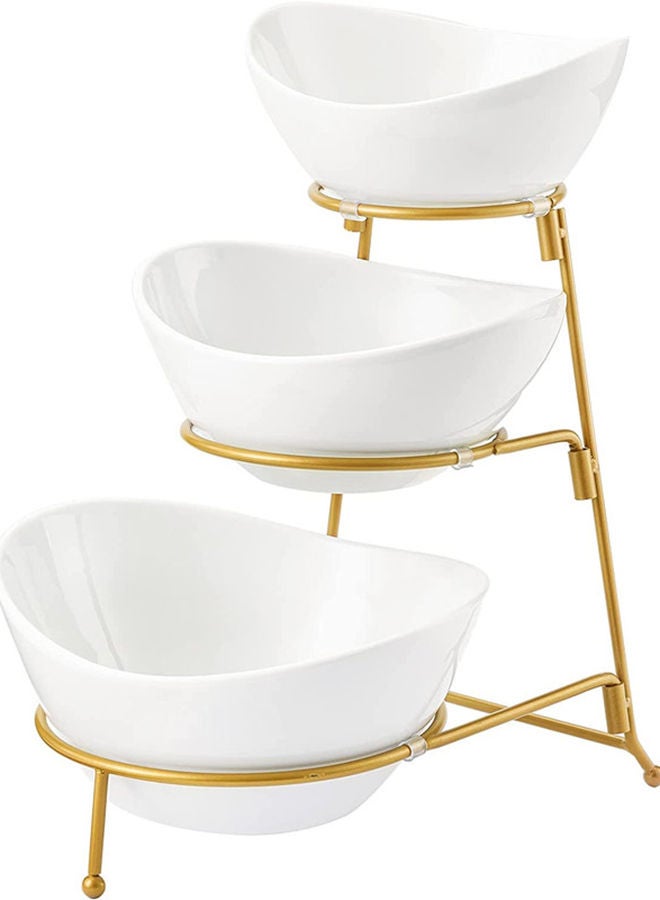 AKDC 3 Tier Oval Bowl Set With Metal RackHabilife Three Ceramic Fruit Bowl Serving - Tiered Serving Stand - Dessert Appetizer Cake Candy Chip Dip (Gold) - Image 1