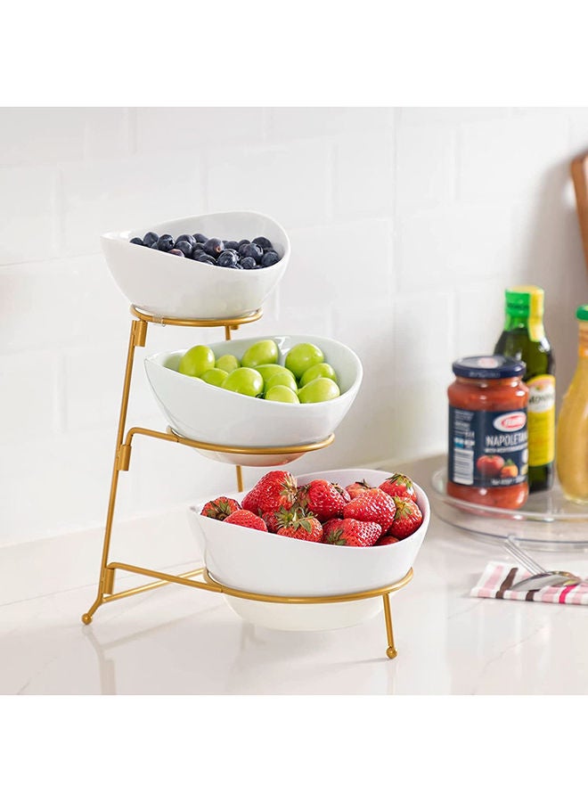 AKDC 3 Tier Oval Bowl Set With Metal RackHabilife Three Ceramic Fruit Bowl Serving - Tiered Serving Stand - Dessert Appetizer Cake Candy Chip Dip (Gold) - Image 4