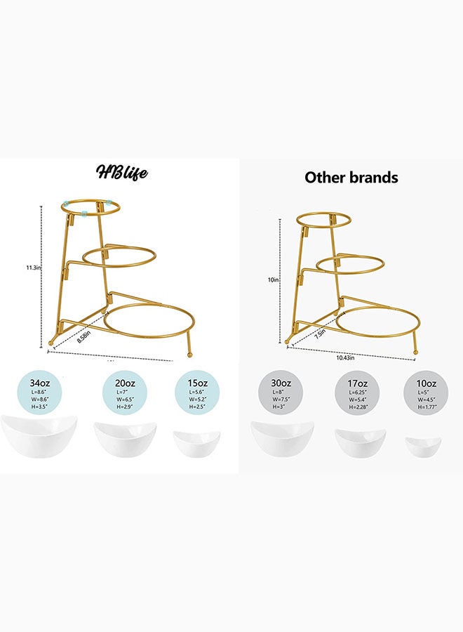 AKDC 3 Tier Oval Bowl Set With Metal RackHabilife Three Ceramic Fruit Bowl Serving - Tiered Serving Stand - Dessert Appetizer Cake Candy Chip Dip (Gold) - Image 3