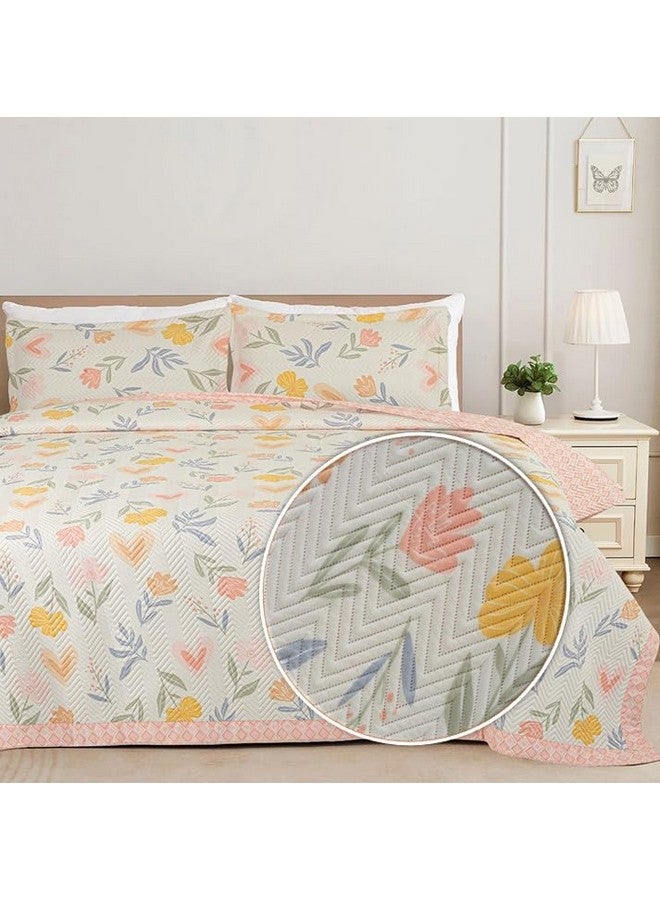 VAS COLLECTIONS Ultrasonic Bedcover Bedsheet Quilt Bedspread with 2 King Size Pillow Covers 90 x 100 inches Floral Printed Decorative Bed Cover King Size (Off White & Pink) - Image 1