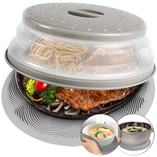 2 in 1 Aidacom Microwave Place Mat  Food Cover Mat as Bowl Holder for Splatter Guard Multiuse Silicone Trivet Pot Holders Drying Baking Utensils Rest for Kitchen Counter Grey