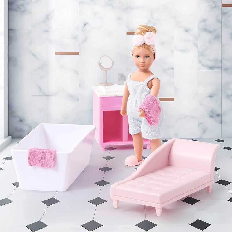 LORI Dolls – Adelina’s Bathtub Set – Mini Doll & Toy Bathroom Furniture – 6-inch Doll & Dollhouse Accessories – Tub, Vanity, Lounge Chair, Mirror, Towels – Play Set for Kids – 3 Years + - Image 5