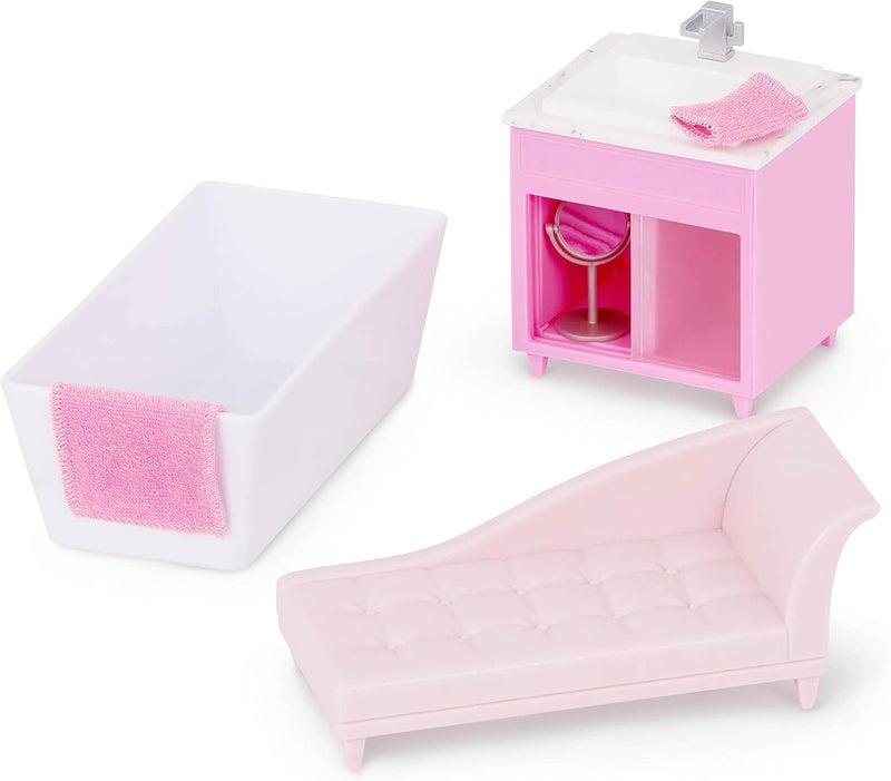 LORI Dolls – Adelina’s Bathtub Set – Mini Doll & Toy Bathroom Furniture – 6-inch Doll & Dollhouse Accessories – Tub, Vanity, Lounge Chair, Mirror, Towels – Play Set for Kids – 3 Years + - Image 3