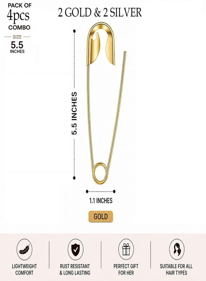 VAMA FASHIONS 4 pcs Gold & Silver Plated Stainless Steel Oversized Safety Hair Pin Clip Giant Hairpin Anti Tarnish Clutcher Claw Buns Holder Durable Alloy Hairclip Accessories Combo Set for Women & Girls - Image 2