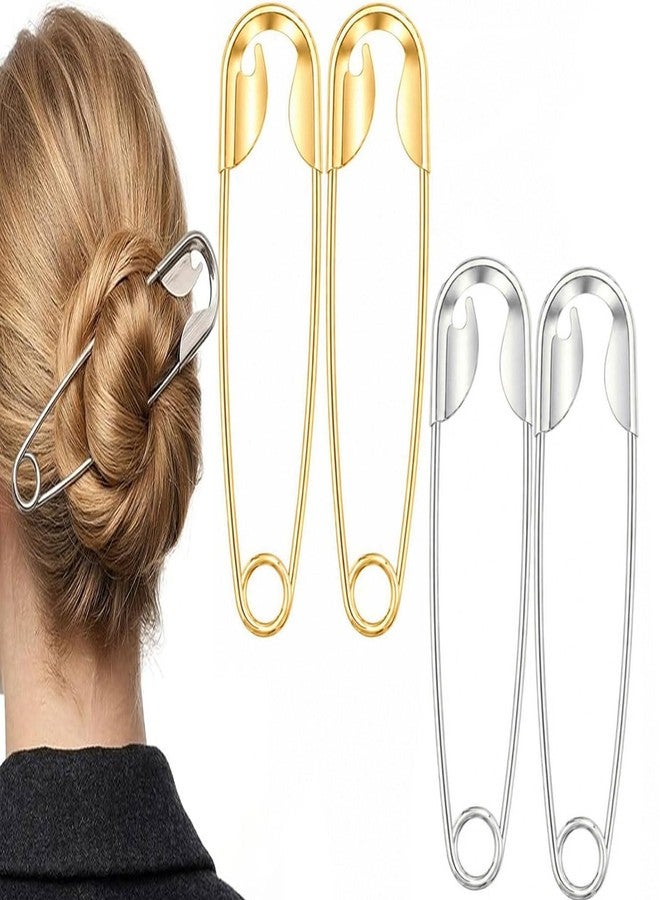 VAMA FASHIONS 4 pcs Gold & Silver Plated Stainless Steel Oversized Safety Hair Pin Clip Giant Hairpin Anti Tarnish Clutcher Claw Buns Holder Durable Alloy Hairclip Accessories Combo Set for Women & Girls - Image 1