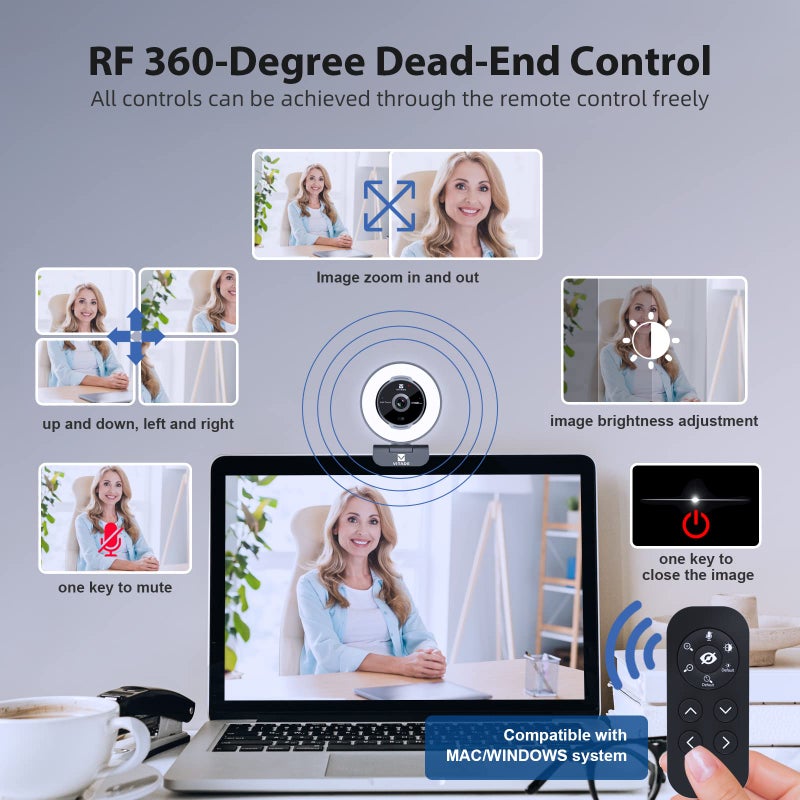 VITADE Zoomable Webcam with Remote Control, 1080P 60FPS Streaming Webcam with Adjustable Ring Light and Tripod, Pro USB 5X Digital Zoom Webcam for Zoom/Skype Teams/Laptop/Mac Windows - Image 4