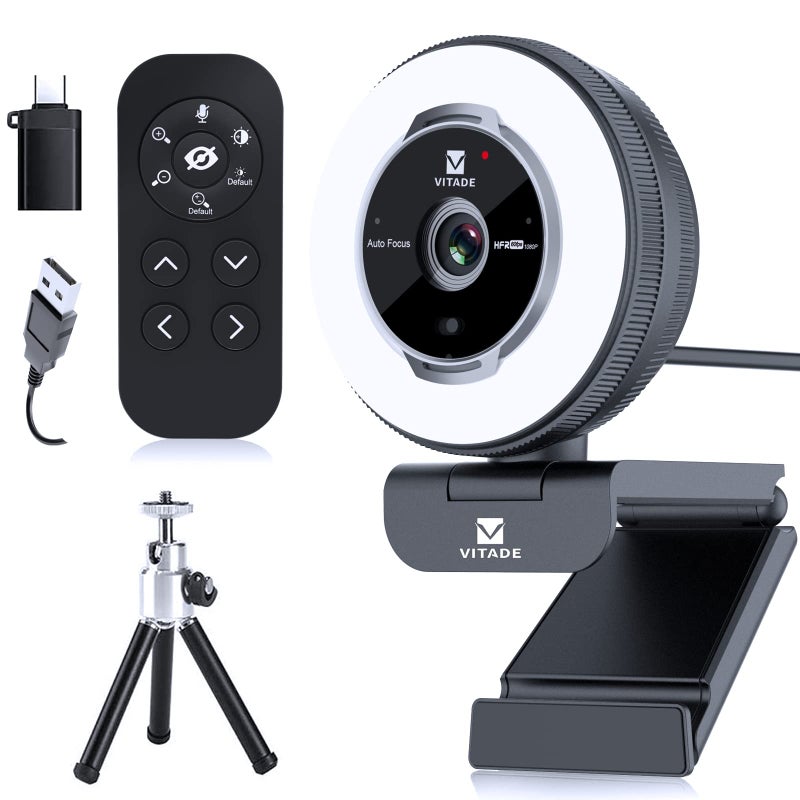 VITADE Zoomable Webcam with Remote Control, 1080P 60FPS Streaming Webcam with Adjustable Ring Light and Tripod, Pro USB 5X Digital Zoom Webcam for Zoom/Skype Teams/Laptop/Mac Windows - Image 1