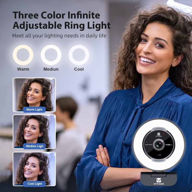 VITADE Zoomable Webcam with Remote Control, 1080P 60FPS Streaming Webcam with Adjustable Ring Light and Tripod, Pro USB 5X Digital Zoom Webcam for Zoom/Skype Teams/Laptop/Mac Windows - Image 3