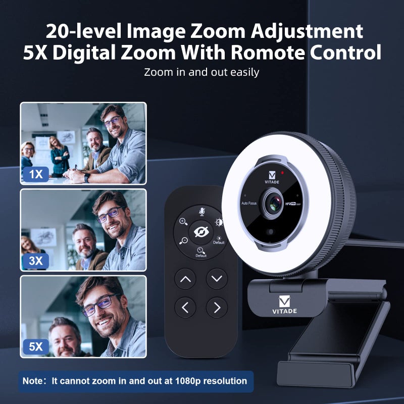 VITADE Zoomable Webcam with Remote Control, 1080P 60FPS Streaming Webcam with Adjustable Ring Light and Tripod, Pro USB 5X Digital Zoom Webcam for Zoom/Skype Teams/Laptop/Mac Windows - Image 5