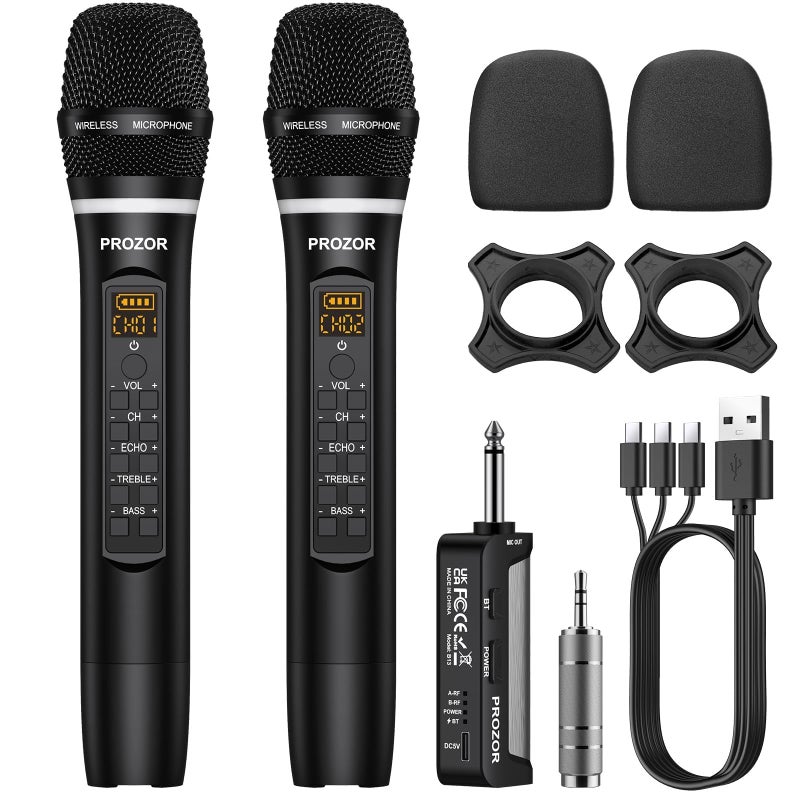 PROZOR UHF Wireless Microphone with Volume Treble Bass Echo Control Wireless Rechargeable Mic Dual Handheld Dynamic Mic System with Rechargeable Receiver for Karaoke Machines DJ Church Weddings