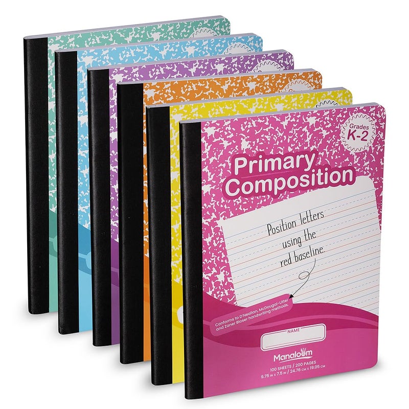 Manaloom Primary Composition Notebook K-2, Primary Ruled Composition Book Grades K 2, Preschool, 1st Grade, Lined Notebooks, Primary Ruled - 9.75″ x 7.50″ - Durable Cover - 100 Sheets - Assorted Colors - (6 - Image 1