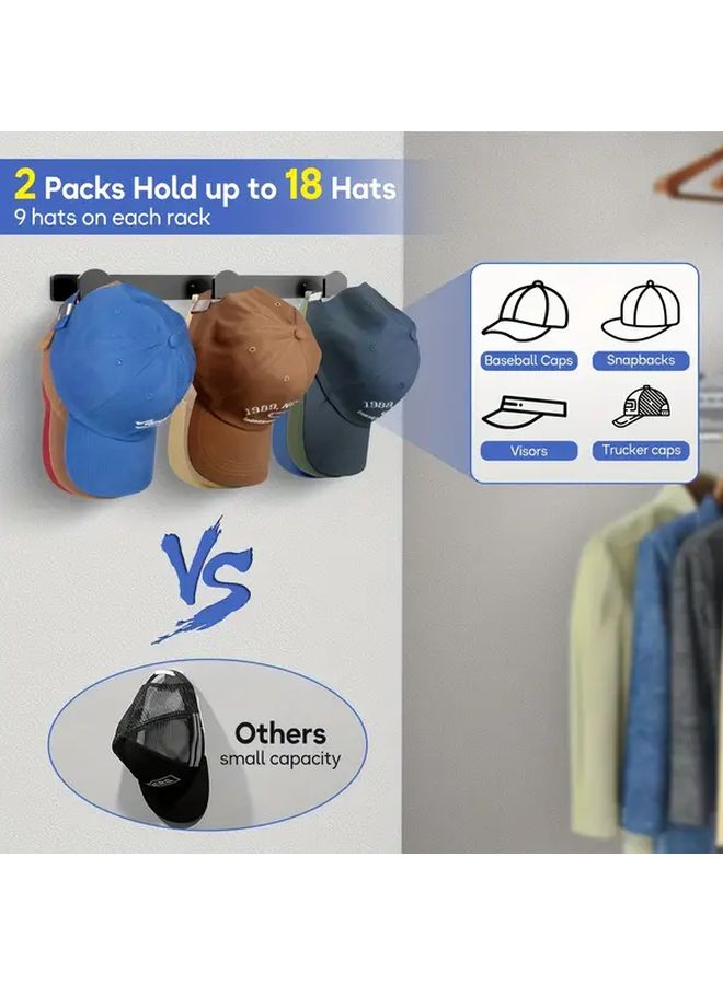 2 Pack Heavy Duty Metal Hat Rack Wall Mounted Organizer 18 Capacity Snapback Holder - Image 2