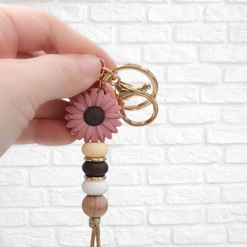 MyfavoriteK Delicate Flower Silicone Beaded Keychain for Women Girls Cute Key Ring Holder for Car Keys Purse Backpack Purse Ornament (Brown) - Image 2