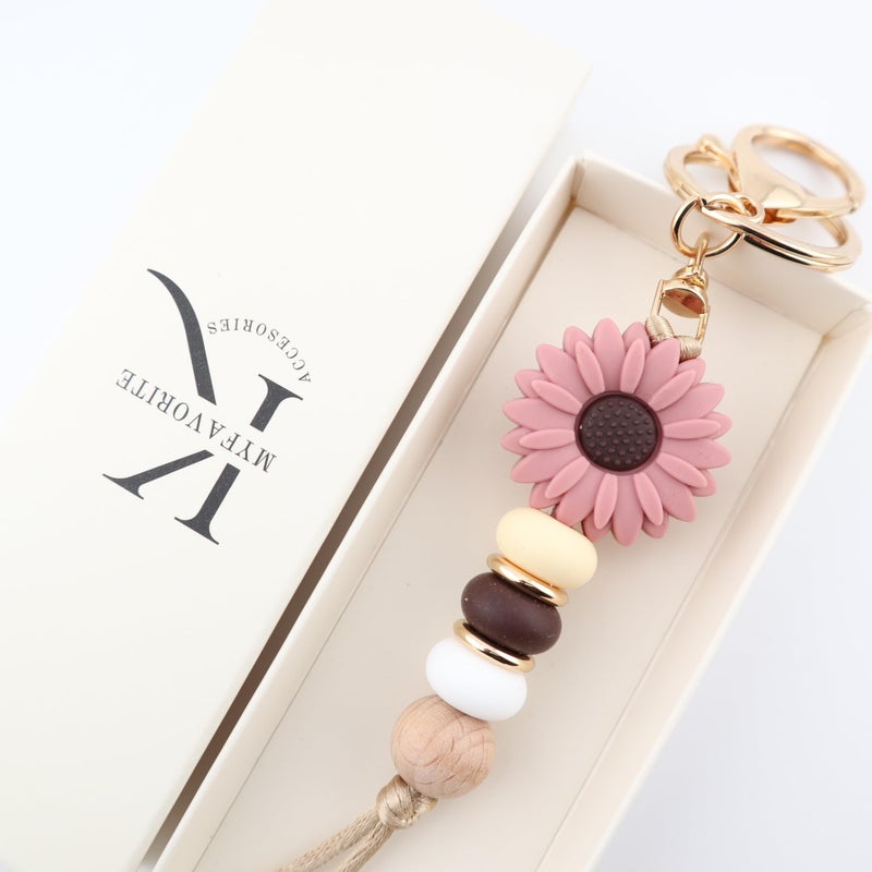 MyfavoriteK Delicate Flower Silicone Beaded Keychain for Women Girls Cute Key Ring Holder for Car Keys Purse Backpack Purse Ornament (Brown) - Image 4