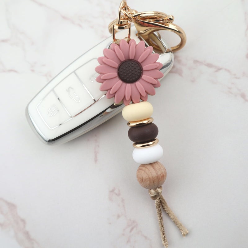 MyfavoriteK Delicate Flower Silicone Beaded Keychain for Women Girls Cute Key Ring Holder for Car Keys Purse Backpack Purse Ornament (Brown) - Image 3