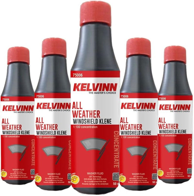 KELVINN منظف زجاج السيارة الكاره للماء من كيلفين - 50 مل سائل تنظيف السيارات - خالٍ من الخطوط وتقنية UDT الطاردة للماء - أضفه إلى الخزان لتنظيف سهل (عبوة من 5) - Image 1