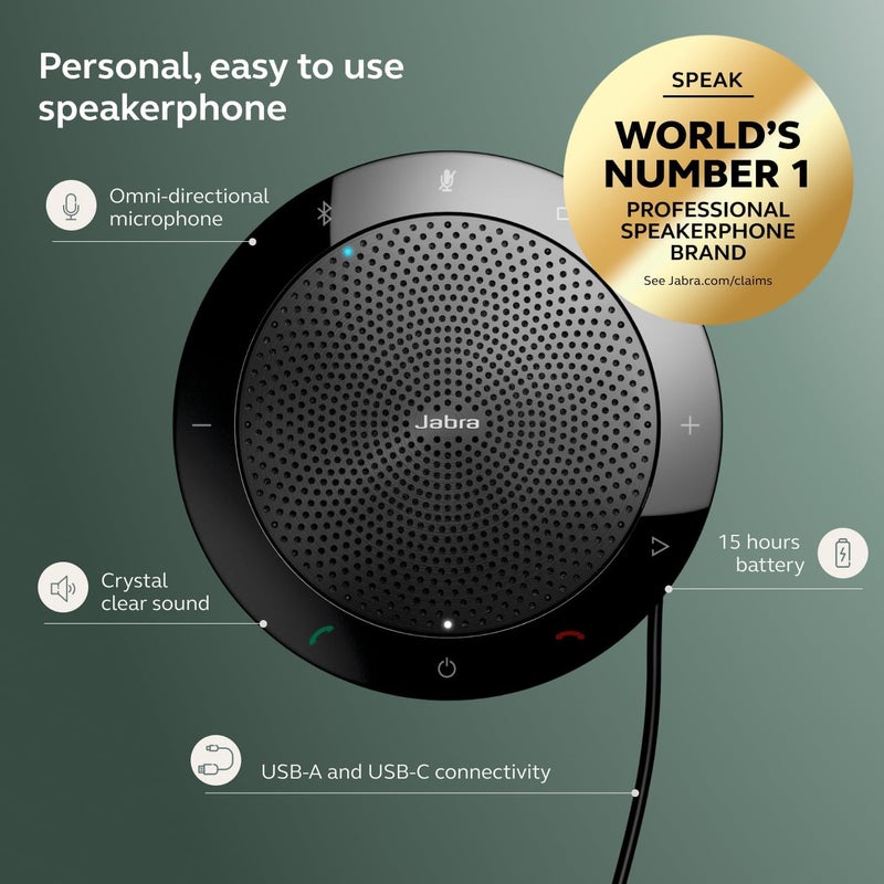 Jabra Speak 510 (2025 Edition) Portable, USB or Wireless Bluetooth Speaker for Meetings and Calls with Crystal-Clear Sound, Works with All Meeting Platforms - Microsoft Teams, Google Meet, Zoom, Black - Image 3