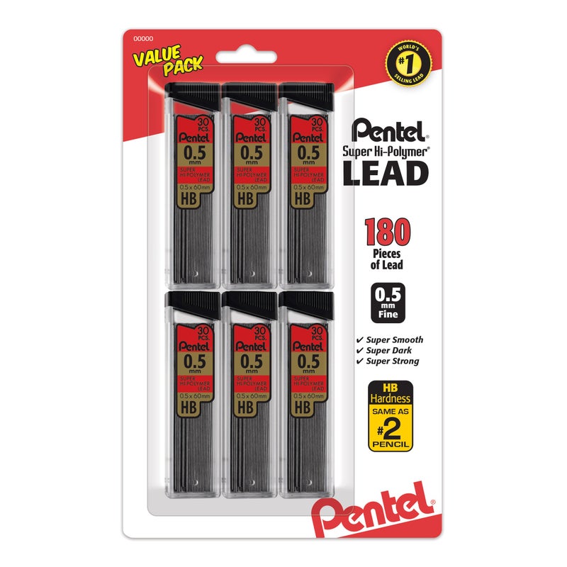 Pentel Super Hi-Polymer Refills, 0.5 mm Fine, HB, 180 Pieces of Lead (C25BPHB6) - Image 1