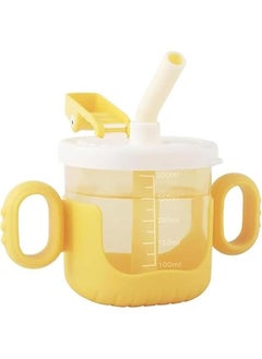 Baby Training Cup with Lid and Straw, Free-flow Cup, Transition Sippy Cup and Open Cup with Handles, Spill-Proof, Leak-Proof Soft Silicone Spout Cup 300ML (Yellow)