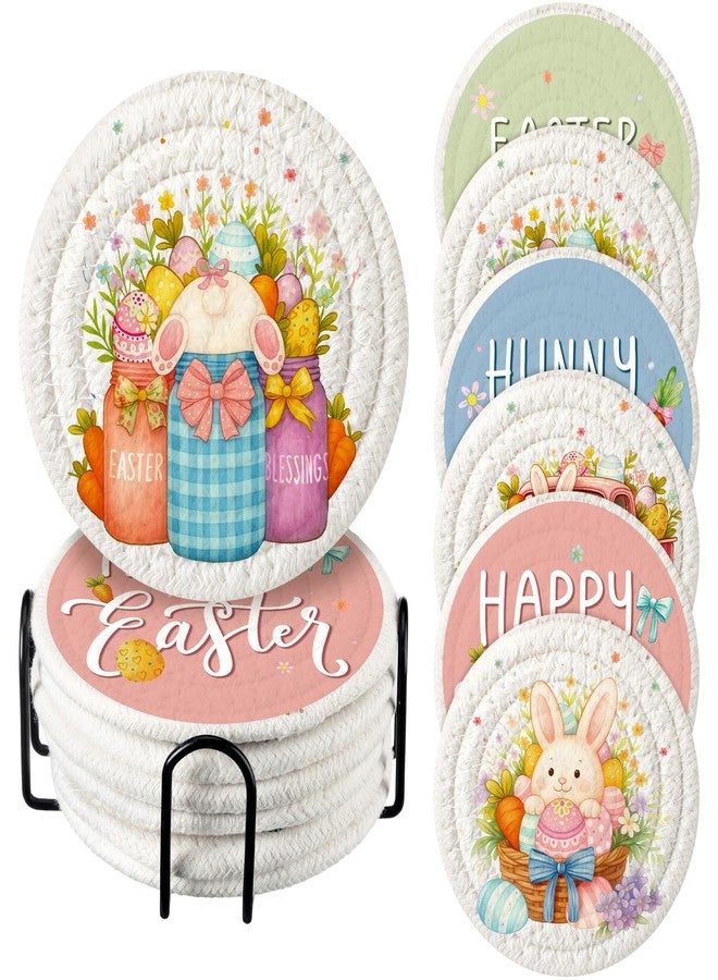 Leinuosen 6 Pcs Easter Coasters Handmade Braided Cotton Cute Rabbit and Eggs Drink Mats Festive Bunny Design Anti Slip Absorbent Cup Coasters for Home Party Decor Gift - Image 1