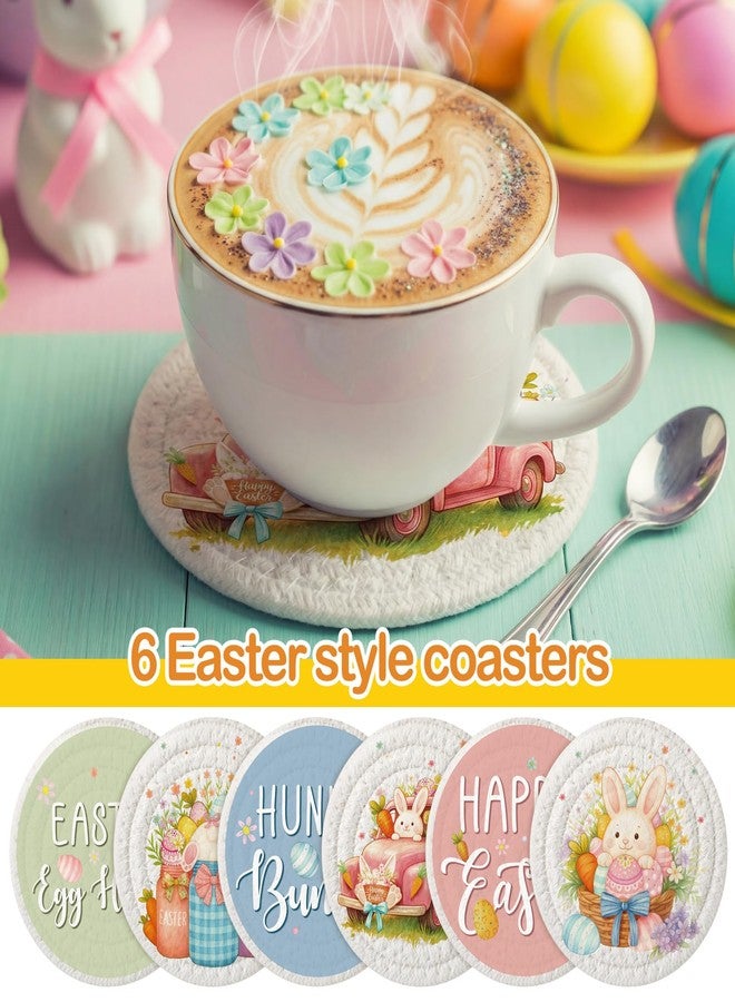 Leinuosen 6 Pcs Easter Coasters Handmade Braided Cotton Cute Rabbit and Eggs Drink Mats Festive Bunny Design Anti Slip Absorbent Cup Coasters for Home Party Decor Gift - Image 2