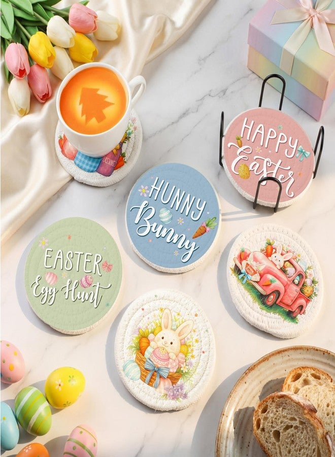 Leinuosen 6 Pcs Easter Coasters Handmade Braided Cotton Cute Rabbit and Eggs Drink Mats Festive Bunny Design Anti Slip Absorbent Cup Coasters for Home Party Decor Gift - Image 5