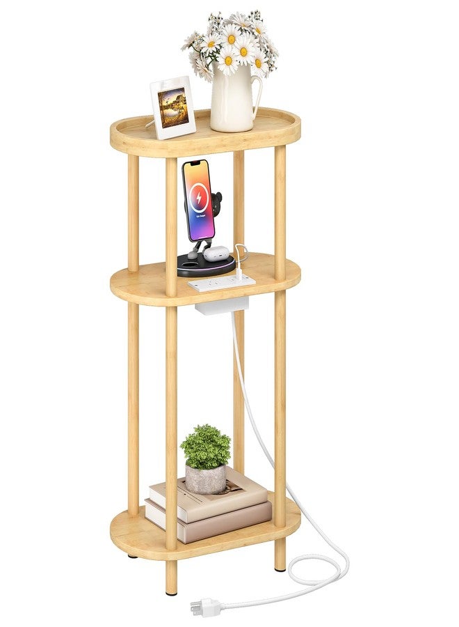 HOOBRO Small Narrow Side Table with Charging Station, Small End Table, 3-Tier Bamboo Narrow End Table, Skinny Oval Nightstand for Living Room, Bedroom, Apartment, Natural YL178UBZ01 - Image 1