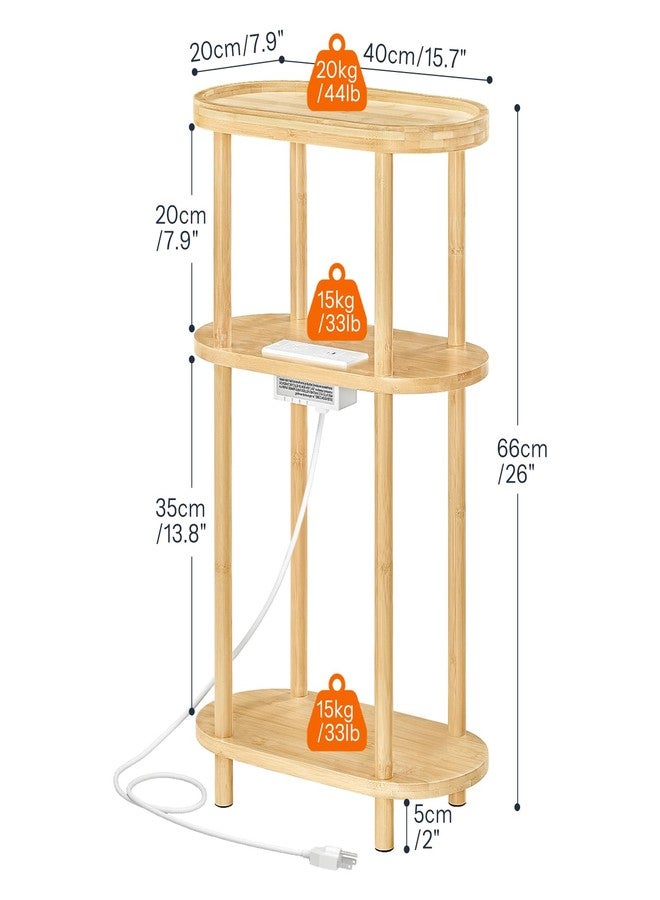 HOOBRO Small Narrow Side Table with Charging Station, Small End Table, 3-Tier Bamboo Narrow End Table, Skinny Oval Nightstand for Living Room, Bedroom, Apartment, Natural YL178UBZ01 - Image 3