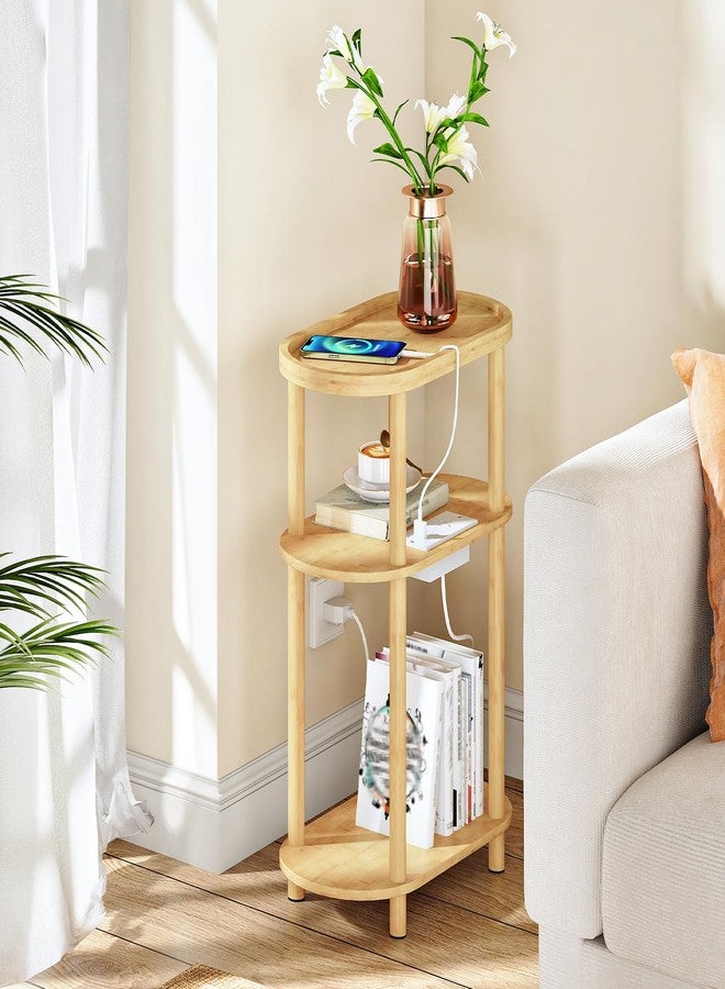 HOOBRO Small Narrow Side Table with Charging Station, Small End Table, 3-Tier Bamboo Narrow End Table, Skinny Oval Nightstand for Living Room, Bedroom, Apartment, Natural YL178UBZ01 - Image 2