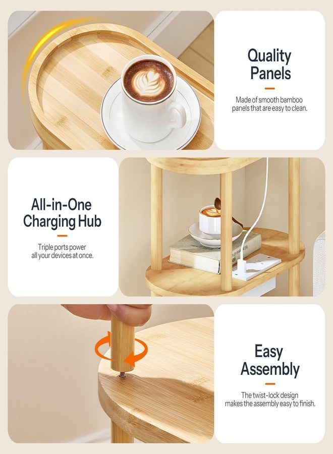 HOOBRO Small Narrow Side Table with Charging Station, Small End Table, 3-Tier Bamboo Narrow End Table, Skinny Oval Nightstand for Living Room, Bedroom, Apartment, Natural YL178UBZ01 - Image 5