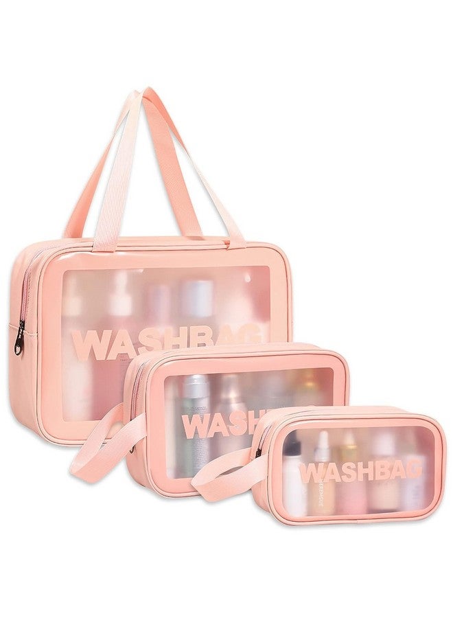 INOG Travel Makeup Bag for Women, Waterproof Cosmetic Bag Portable Travel Makeup Pouch Multifunction Handle Travel Toiletry Bag Organizer for Women, Set of 3 (Pink) - Image 1