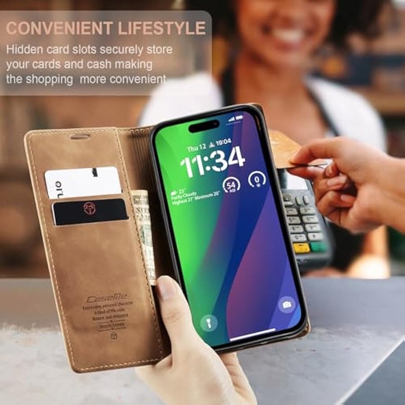 كيس مي غطاء جلدي لهاتف iPhone 15 باللون البني: غطاء قابل للطي مع حامل للوقوف، حامل بطاقات، غطاء محفظة - Image 3