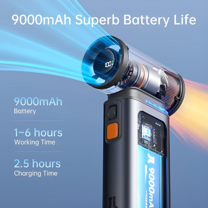 JISULIFE Big & small space compatible Portable Handheld Turbo Fan, 100 Speeds Adjustable Mini Personal Fan, 9000mAh USB Rechargeable Fan Battery Operated, LED Display, Metal Shell with Accessories Gifts for Men Women Travel- Grey Assorted trendy color picks - Image 2