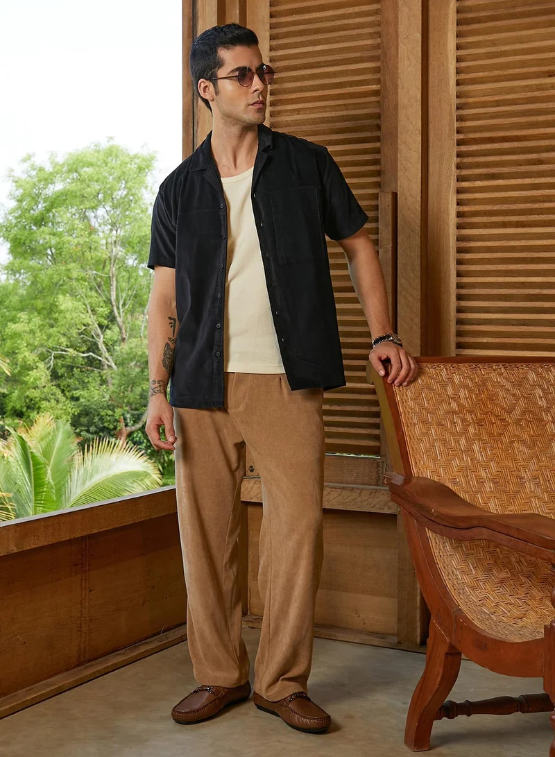 Campus Sutra Wood Brown Men's Wood Brown Ribbed Straight-Fit Pleated Trousers for Men | Best Price UAE