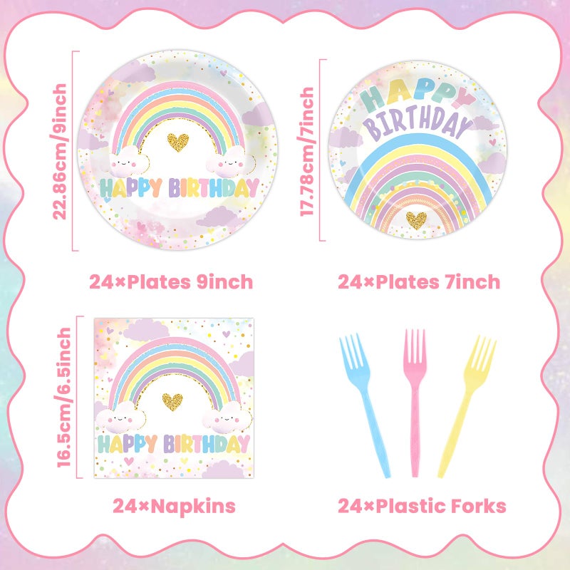 Oitnlaughter 96PCS Boho Pastel Rainbow Party Paper Plates and Napkins for Rainbow Cloud Theme Party Dessert Cake Plates Disposable Decor Girls Happy Birthday Set for Kids Birthday Gatherings Decorations - Image 2