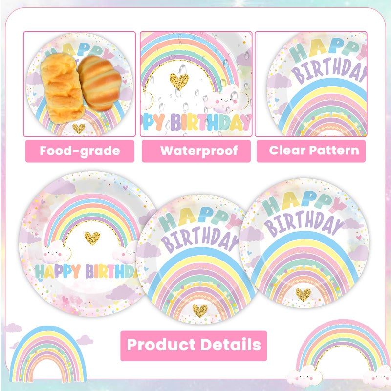 Oitnlaughter 96PCS Boho Pastel Rainbow Party Paper Plates and Napkins for Rainbow Cloud Theme Party Dessert Cake Plates Disposable Decor Girls Happy Birthday Set for Kids Birthday Gatherings Decorations - Image 3
