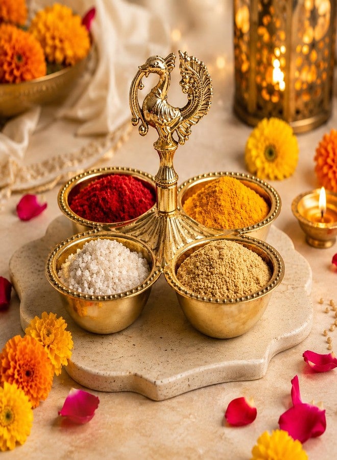 Narayan Bhakti Dual Purpose Brass kankavati with Peacock chowmukh | choupala | chopala | chokra for Pooja | 4 Bowl kumkum haldi Rice Holder | Traditional Home Temple & Festival Decor Item Large Size(226 gm) - Image 1