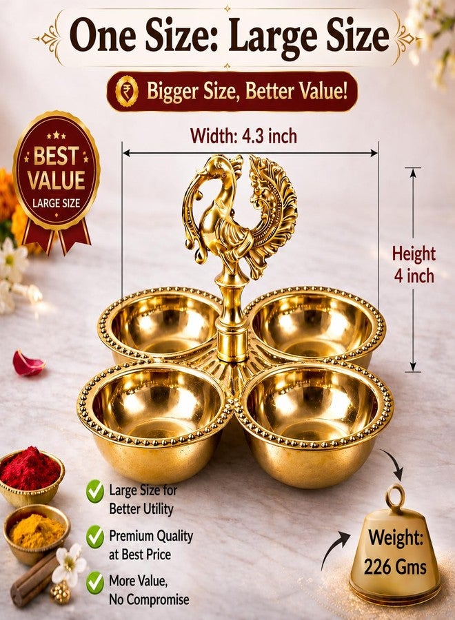 Narayan Bhakti Dual Purpose Brass kankavati with Peacock chowmukh | choupala | chopala | chokra for Pooja | 4 Bowl kumkum haldi Rice Holder | Traditional Home Temple & Festival Decor Item Large Size(226 gm) - Image 2
